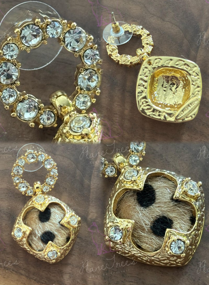 PLANE TREES Leopard Pattern Drop Earrings – Faux Fur & Crystal Embellished Gold Hoop Design – Bold Statement Jewelry for Women - Image 2