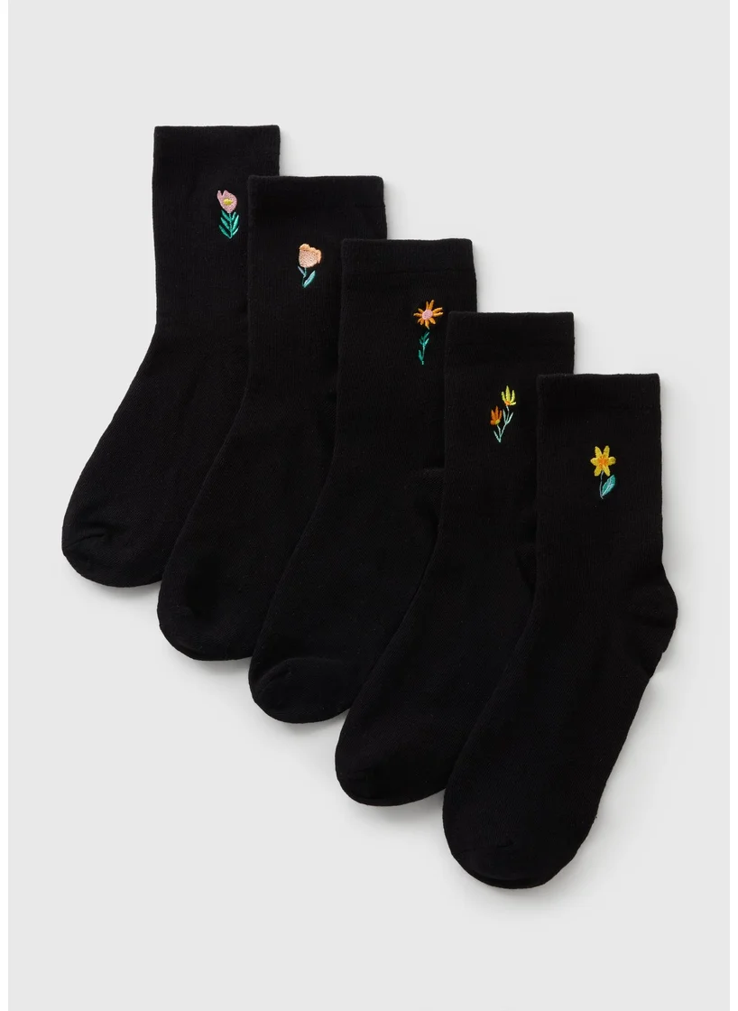 Matalan 5 Pack Black Floral Embellished Crew Socks