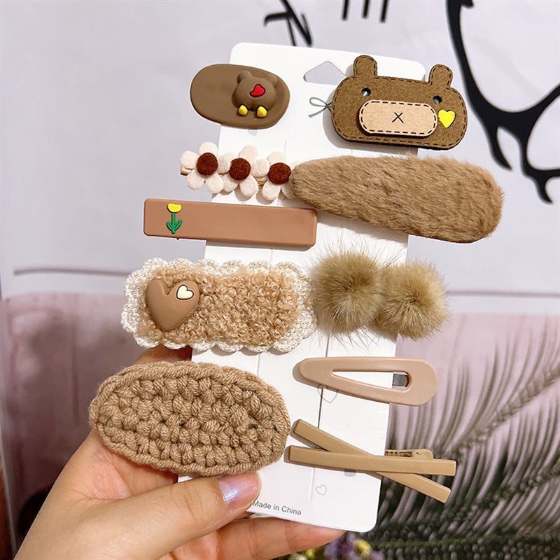 Generic Wool knitted hair accessories set childrens bangs clip cloth does not hurt hair duck bill clip cute cartoon side clip hairpin No. 10 curry Oval ten-piece set (bag without cardboard)