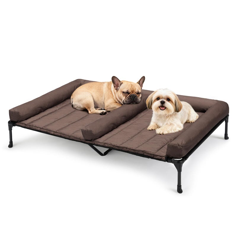 Veehoo Cooling Raised Dog Beds + Waterproof Double Dog Bed Cushion for Two Medium Dogs, Elevated Pet Cot with Removable Bolster Mat, Breathable Mesh, No-Slip Feet, Pets Couch Bed, 49x 33inches, Brown - Image 1