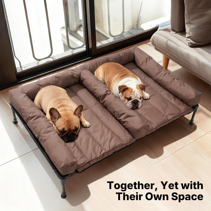 Veehoo Cooling Raised Dog Beds + Waterproof Double Dog Bed Cushion for Two Medium Dogs, Elevated Pet Cot with Removable Bolster Mat, Breathable Mesh, No-Slip Feet, Pets Couch Bed, 49x 33inches, Brown - Image 2