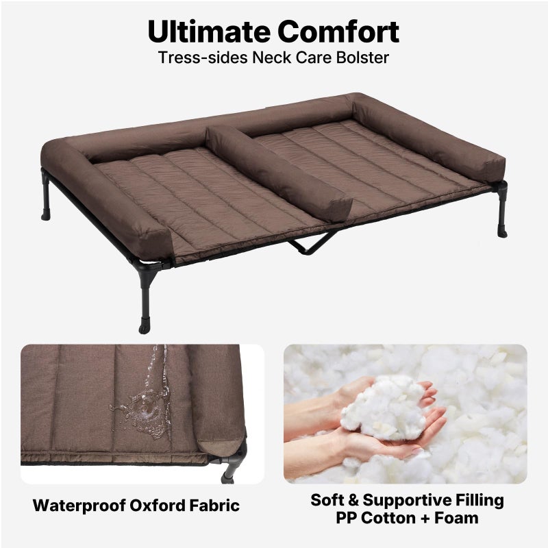 Veehoo Cooling Raised Dog Beds + Waterproof Double Dog Bed Cushion for Two Medium Dogs, Elevated Pet Cot with Removable Bolster Mat, Breathable Mesh, No-Slip Feet, Pets Couch Bed, 49x 33inches, Brown - Image 3