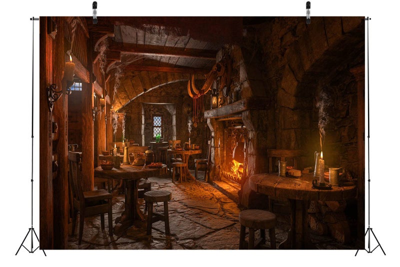 BELECO 7x5ft Fabric Medieval Tavern Backdrop for Photography Wooden Interior Candle Light Fireplace Ancient Tavern Inn Bar Restaurant Background for Party Decorations Photo Booth Studio Props - Image 4