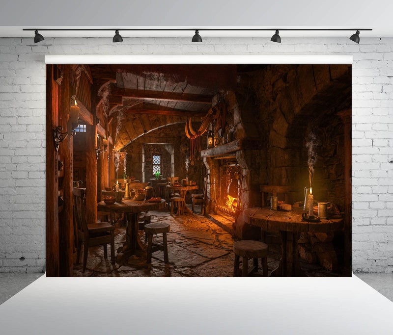 BELECO 7x5ft Fabric Medieval Tavern Backdrop for Photography Wooden Interior Candle Light Fireplace Ancient Tavern Inn Bar Restaurant Background for Party Decorations Photo Booth Studio Props - Image 5