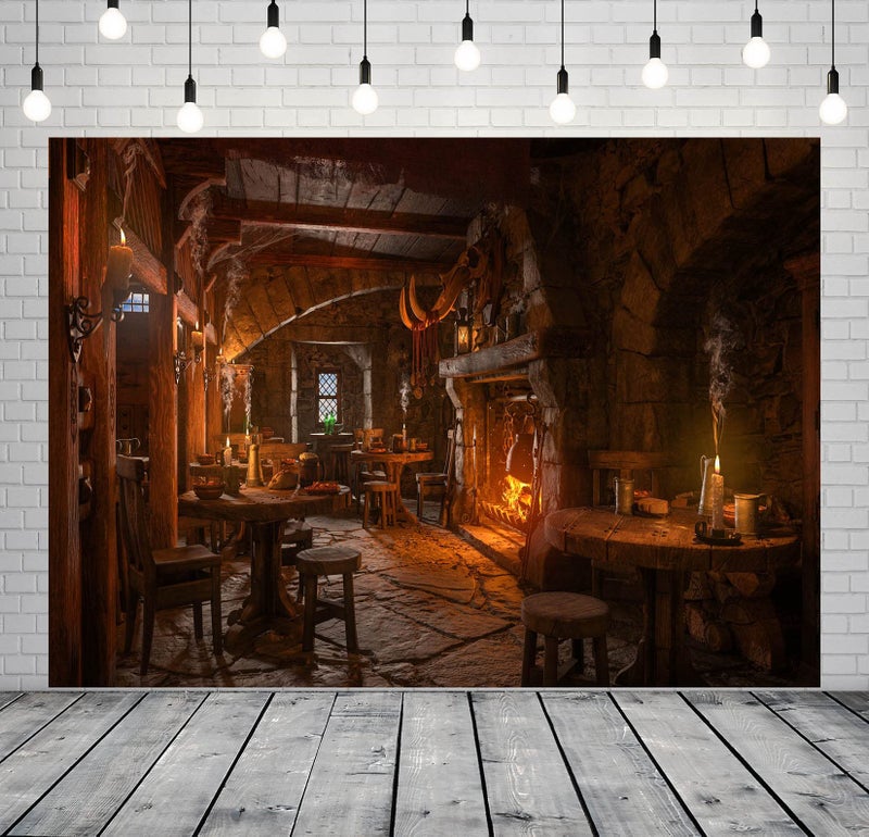 BELECO 7x5ft Fabric Medieval Tavern Backdrop for Photography Wooden Interior Candle Light Fireplace Ancient Tavern Inn Bar Restaurant Background for Party Decorations Photo Booth Studio Props - Image 3