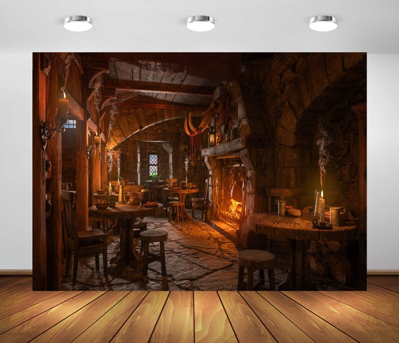 BELECO 7x5ft Fabric Medieval Tavern Backdrop for Photography Wooden Interior Candle Light Fireplace Ancient Tavern Inn Bar Restaurant Background for Party Decorations Photo Booth Studio Props - Image 1