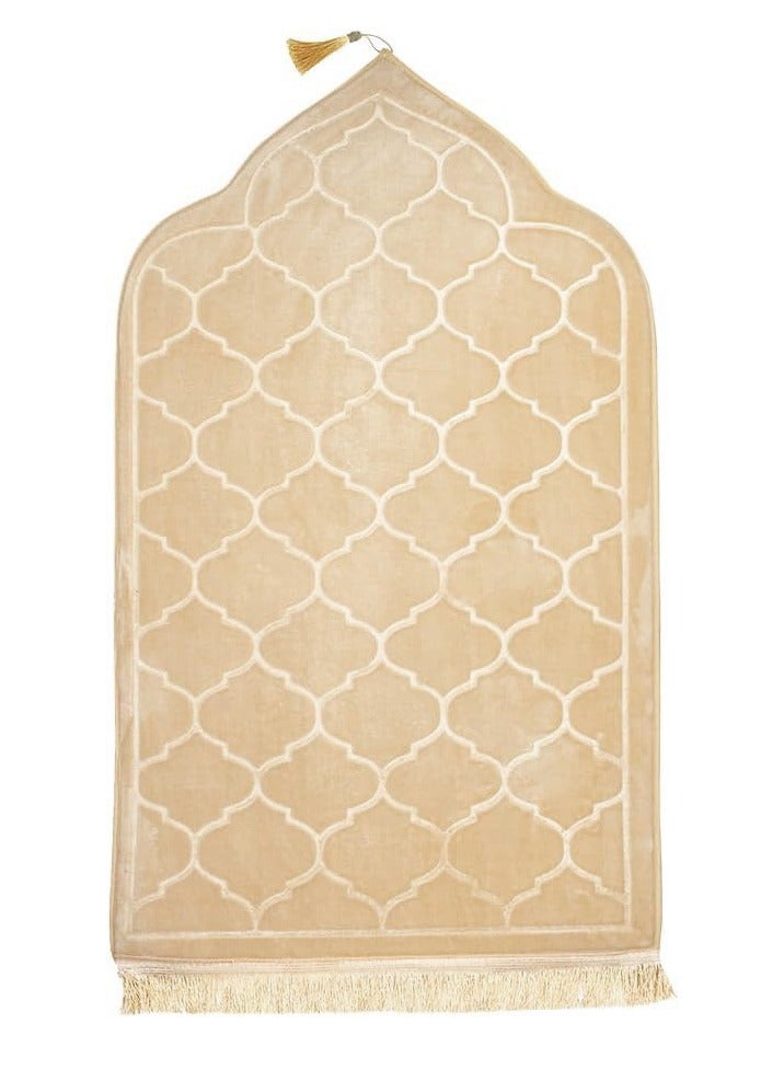 Embossed Prayer Mat Anti-Slip Velvet Top Islamic Prayer Mat Dome Style Thick Padded Sajadah Prayer Rug for Men Women Eid Gift Ramadan Beige 70x110 cm