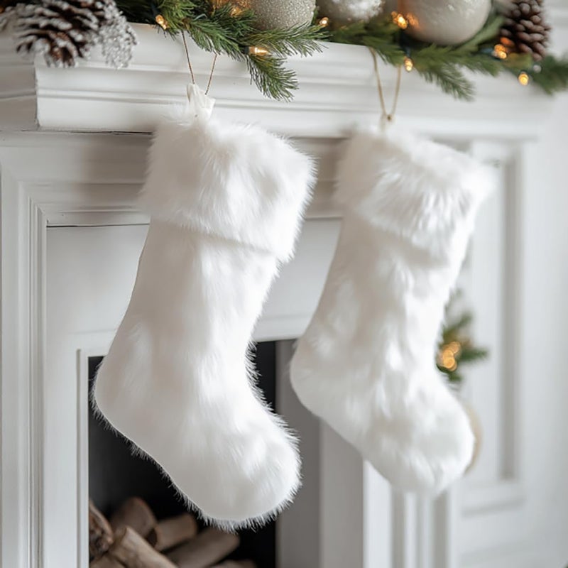 AISENO 2 Pack 18 Inch Snowy White Christmas Stockings Faux Fur Christmas Stockings Hanging Ornaments Candy Gift Bags for Christmas Decorations - Image 2