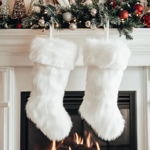 AISENO 2 Pack 18 Inch Snowy White Christmas Stockings Faux Fur Christmas Stockings Hanging Ornaments Candy Gift Bags for Christmas Decorations - Image 3