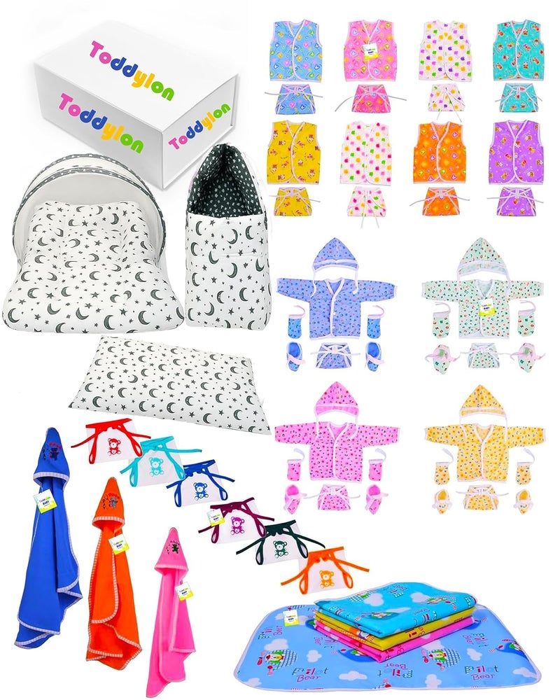 Toddylon Flat Bed 56 in 1 New Born Baby Products All | Gift Packs | Maternity Kit | Baby Clothes | Baby Bedding | Essentials Items | Baby Shower | Infants Combo (Multicolor, 0-6 Months) - Image 1