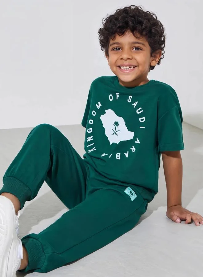 Styli Dark Green KSA National Day Print Oversized T-Shirt and Joggers Set