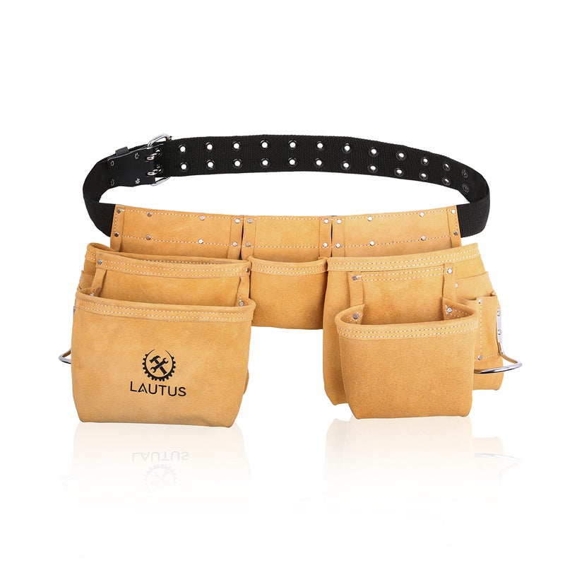 LAUTUS Suede Tool BeltPouchBagWork Apron Carpenter Construction Framers Electrician 11 Pockets Adjustable Double Pronged Belt 2 Hammer Loops