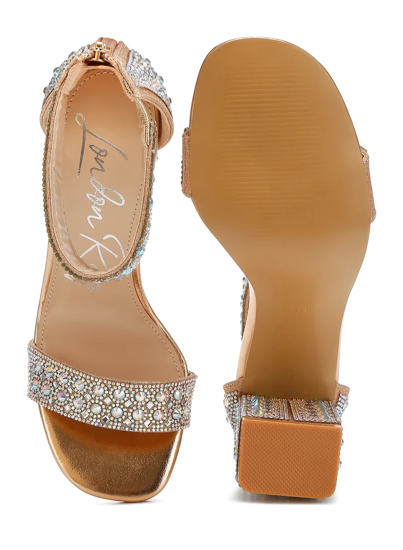 London Rag Rhinestones And Sequins Block Sandals in Rose Gold