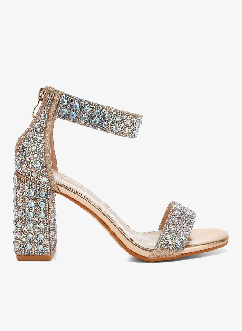 Rhinestones And Sequins Block Sandals in Rose Gold