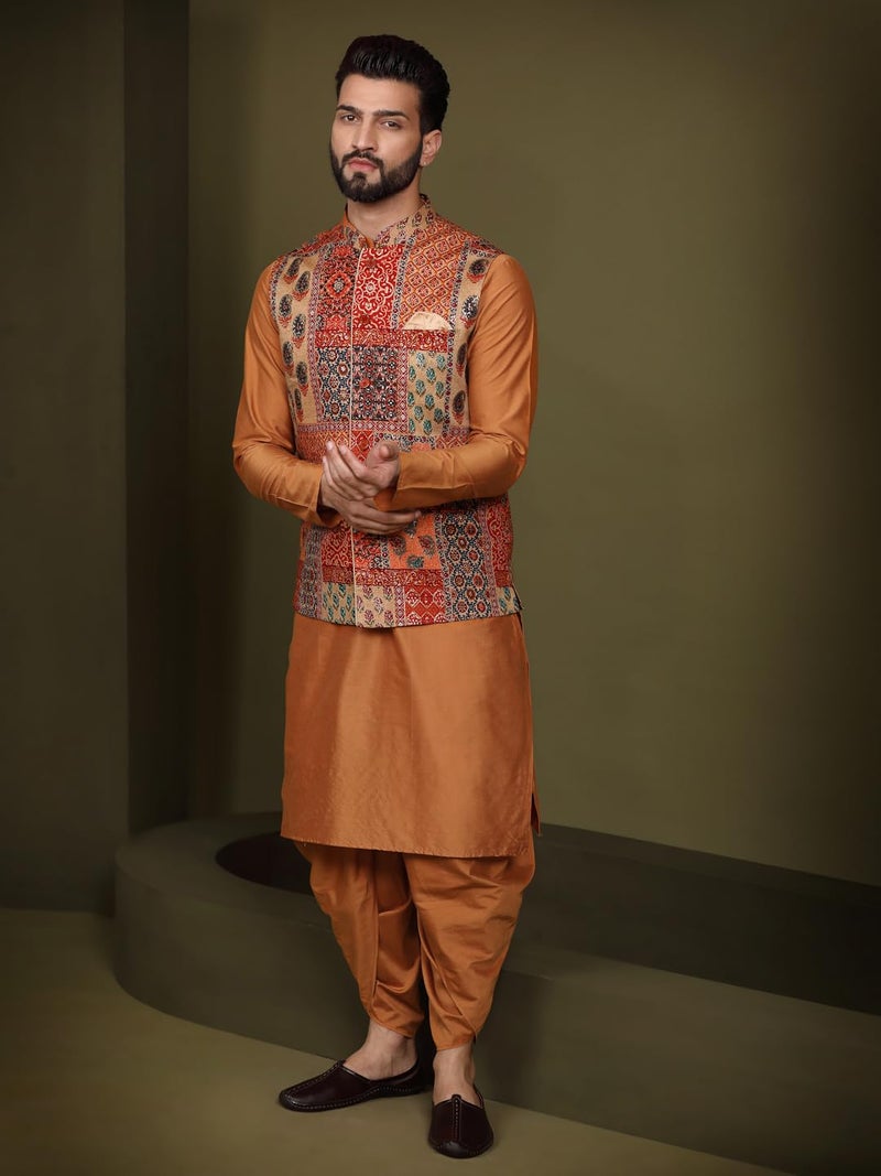 KISAH Men's Ethnic Wear Regular Fit Printed Cotton Blend Multi-Orange Nehru Jacket (M) - Image 5