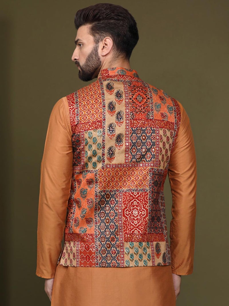 KISAH Men's Ethnic Wear Regular Fit Printed Cotton Blend Multi-Orange Nehru Jacket (M) - Image 3