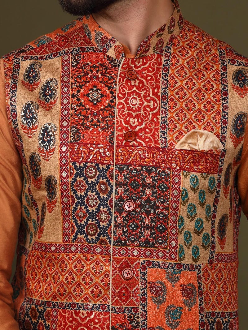KISAH Men's Ethnic Wear Regular Fit Printed Cotton Blend Multi-Orange Nehru Jacket (M) - Image 4