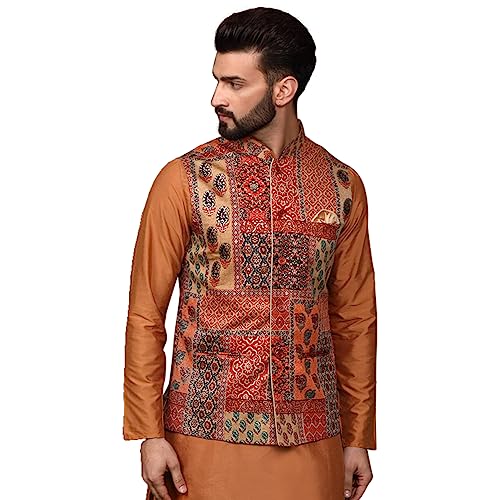 KISAH Men's Ethnic Wear Regular Fit Printed Cotton Blend Multi-Orange Nehru Jacket (M) - Image 1