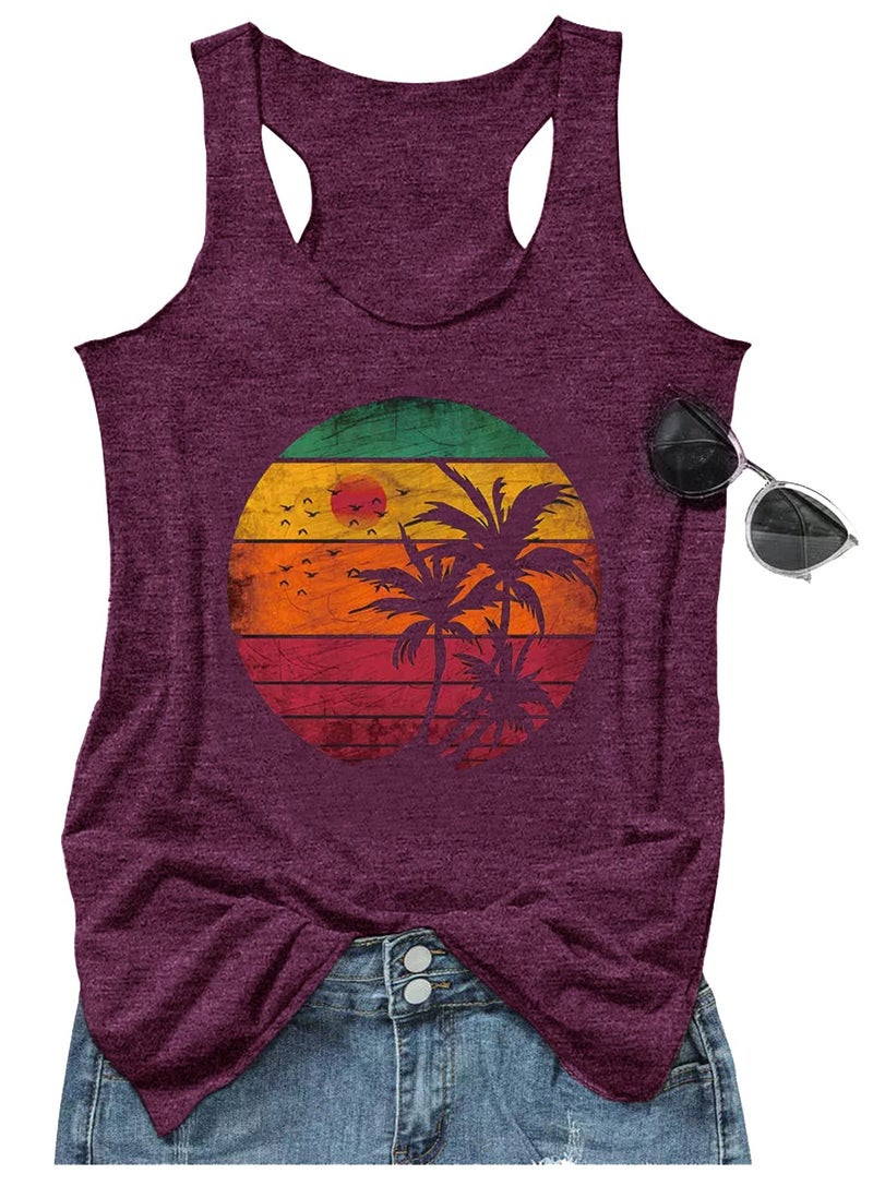 CHUNTIANRAN Hawaiian Tank Tops for Women 2025 Summer Beach Vacation Racerback Tank Tops Ladies Casual Basic Tops Clothing Outfits(Coconut Tree Purple,X-Large) - Image 2