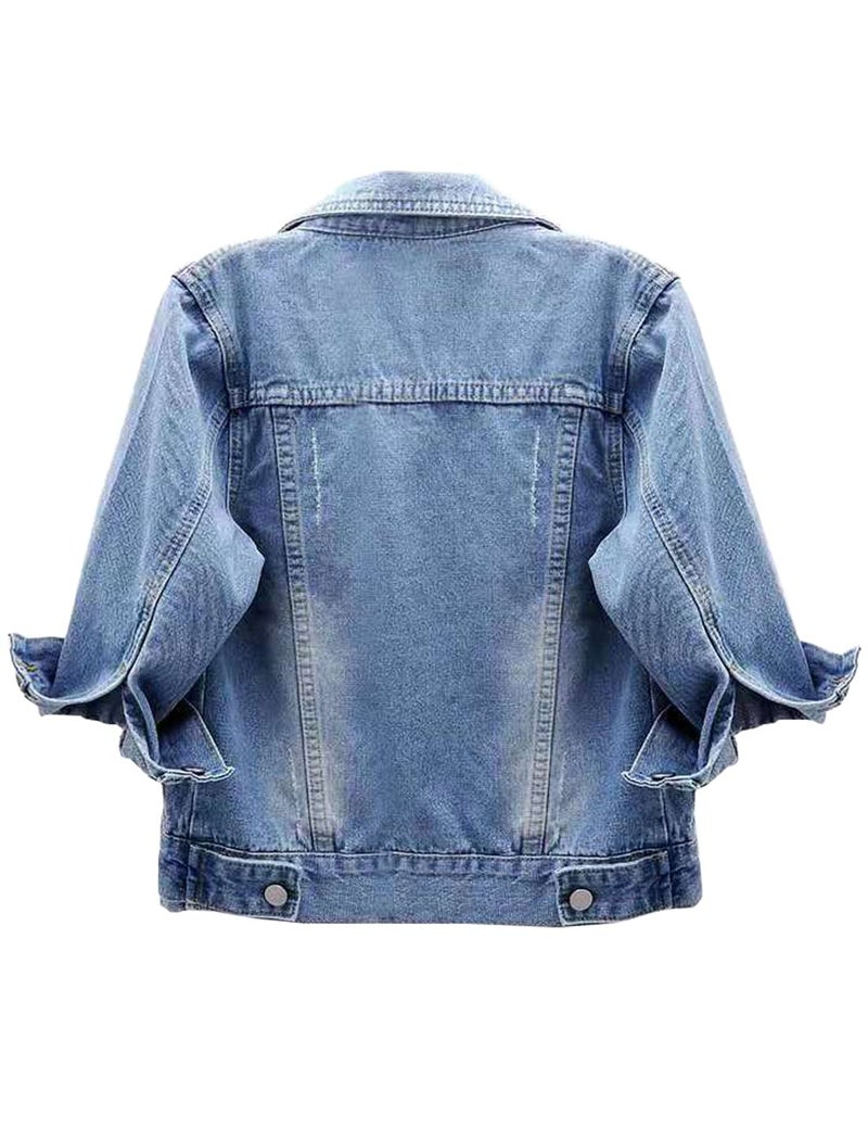 Locachy Womens 3/4 Sleeve Short Denim Jacket Lapel Button Down Cropped Trucker Jean Jackets Coats Light Blue L - Image 2