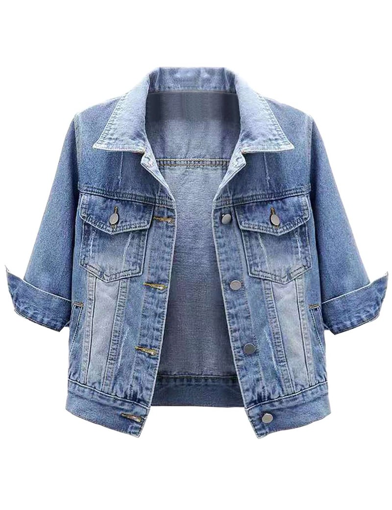 Locachy Womens 3/4 Sleeve Short Denim Jacket Lapel Button Down Cropped Trucker Jean Jackets Coats Light Blue L - Image 1