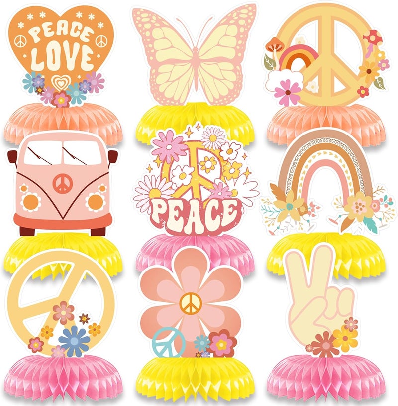 Konsait 9 Pieces Hippie Boho Party Honeycomb Centerpieces Retro Rainbow Butterfly Peace Groovy Decor Theme Table Topper for Teen Girls Birthday Baby Shower Party Decorations Supplies - Image 1