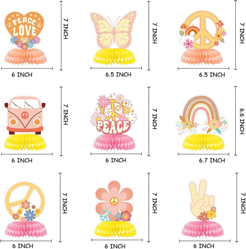 Konsait 9 Pieces Hippie Boho Party Honeycomb Centerpieces Retro Rainbow Butterfly Peace Groovy Decor Theme Table Topper for Teen Girls Birthday Baby Shower Party Decorations Supplies - Image 2