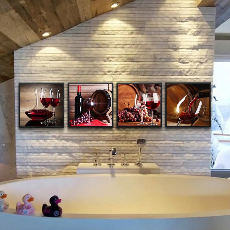 TTHYUEWS Black Framed Wall Art For Kitchen Dining Room Wall Decor Wine Glass Wall Paintings Still Life Wine Fruit Goblet Frame Wall Pictures Artwork Bar Restaurant Decoration Home Decor 4 Piece - Image 3