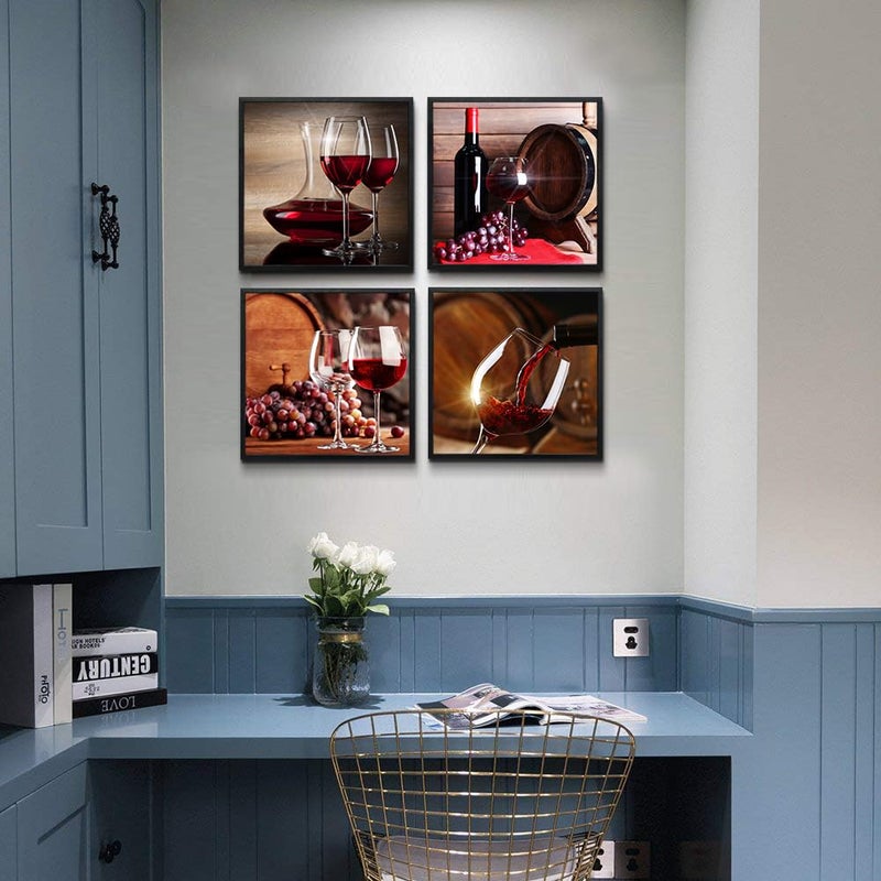 TTHYUEWS Black Framed Wall Art For Kitchen Dining Room Wall Decor Wine Glass Wall Paintings Still Life Wine Fruit Goblet Frame Wall Pictures Artwork Bar Restaurant Decoration Home Decor 4 Piece - Image 2