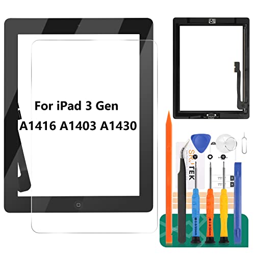 SRJTEK for iPad 3 Screen Replacement-SRJTEK Touch Screen for iPad 3, 3rd Gen A1416 A1403 A1430 Digitizer Glass Sensor Assembly Repair Parts Kits,Include Home Button,Adhesive,Tempered Glass Black - Image 1