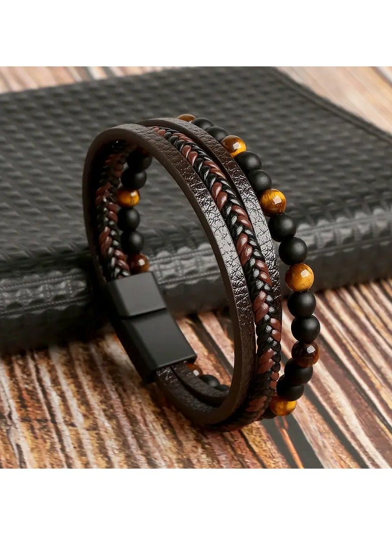 Goolsky 1pc Fashion Layered Handmade Braided PU Leather Bracelet, Tiger Eyestone Beaded Bracelet, Characteristic Punk Bracelet, Father's Day Gift - Image 1