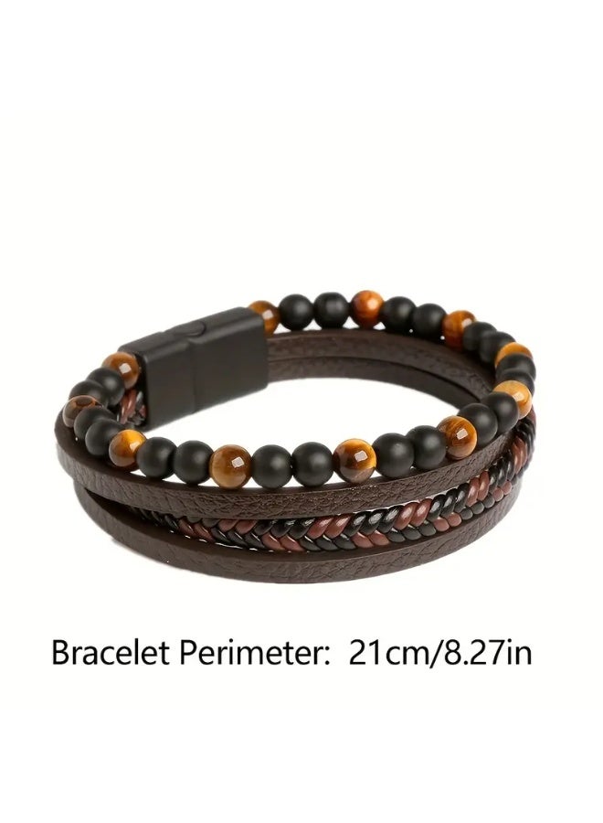 Goolsky 1pc Fashion Layered Handmade Braided PU Leather Bracelet, Tiger Eyestone Beaded Bracelet, Characteristic Punk Bracelet, Father's Day Gift - Image 4