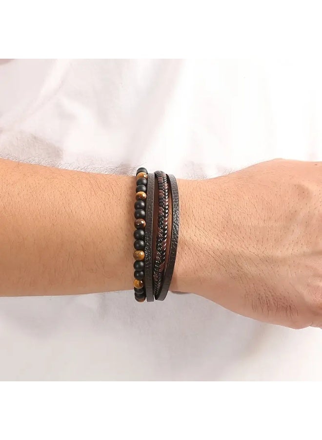 Goolsky 1pc Fashion Layered Handmade Braided PU Leather Bracelet, Tiger Eyestone Beaded Bracelet, Characteristic Punk Bracelet, Father's Day Gift - Image 3