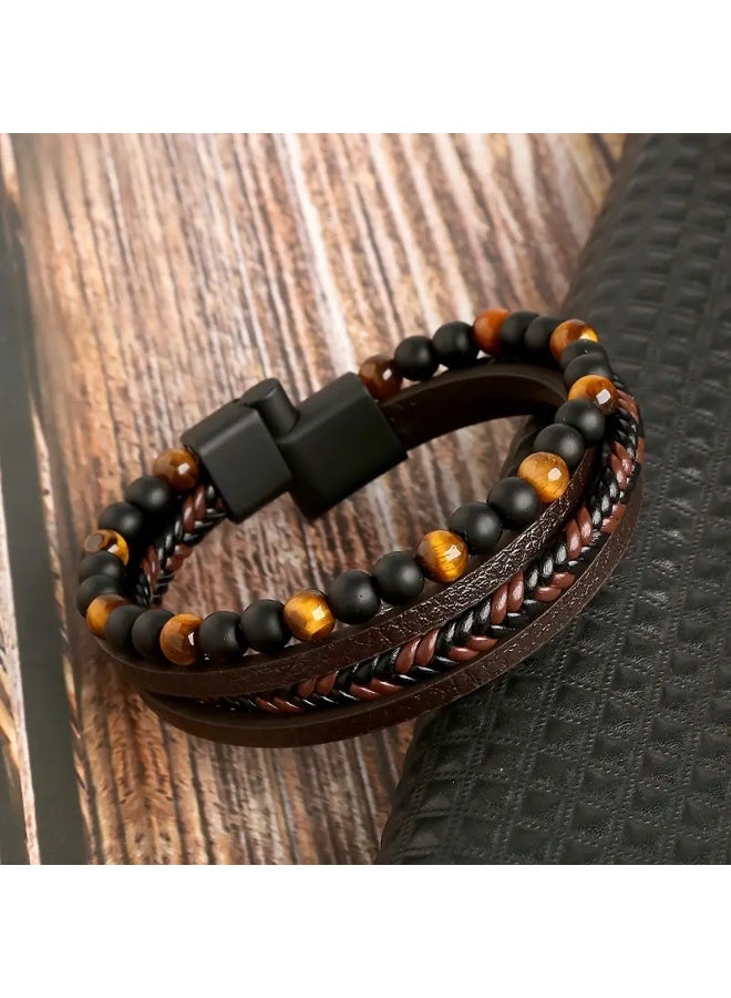 Goolsky 1pc Fashion Layered Handmade Braided PU Leather Bracelet, Tiger Eyestone Beaded Bracelet, Characteristic Punk Bracelet, Father's Day Gift - Image 2