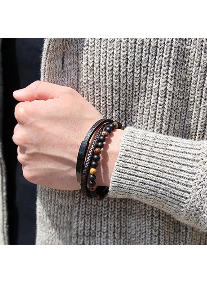 Goolsky 1pc Fashion Layered Handmade Braided PU Leather Bracelet, Tiger Eyestone Beaded Bracelet, Characteristic Punk Bracelet, Father's Day Gift - Image 5