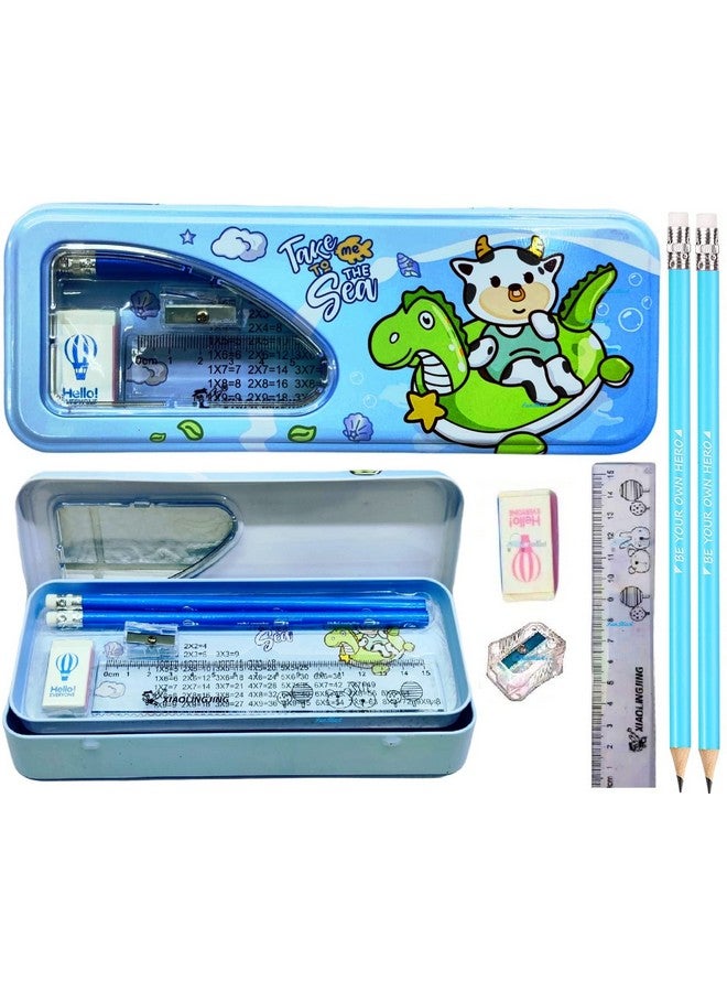 فنبلاست علبة أقلام معدنية من فن بلاست مع قلم رصاص وممحاة ومبراة ومجموعة أدوات مكتبية - علبة أقلام مزدوجة الطبقات ومنظم أدوات مكتبية للأطفال - هدية عيد ميلاد للأطفال - Image 1