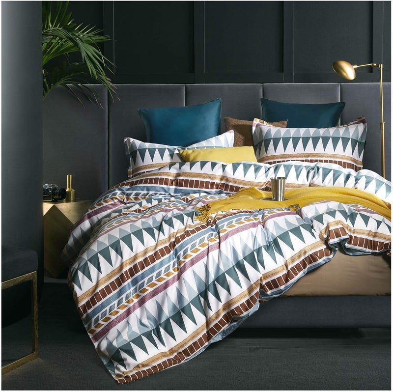 Eikei Bohemian Duvet Cover Striped Ethnic Boho Reversible Southwestern 400TC Cotton Bedding 3pc Set Navy White Orange Modern Geo Aztec Print Queen Teal Rust