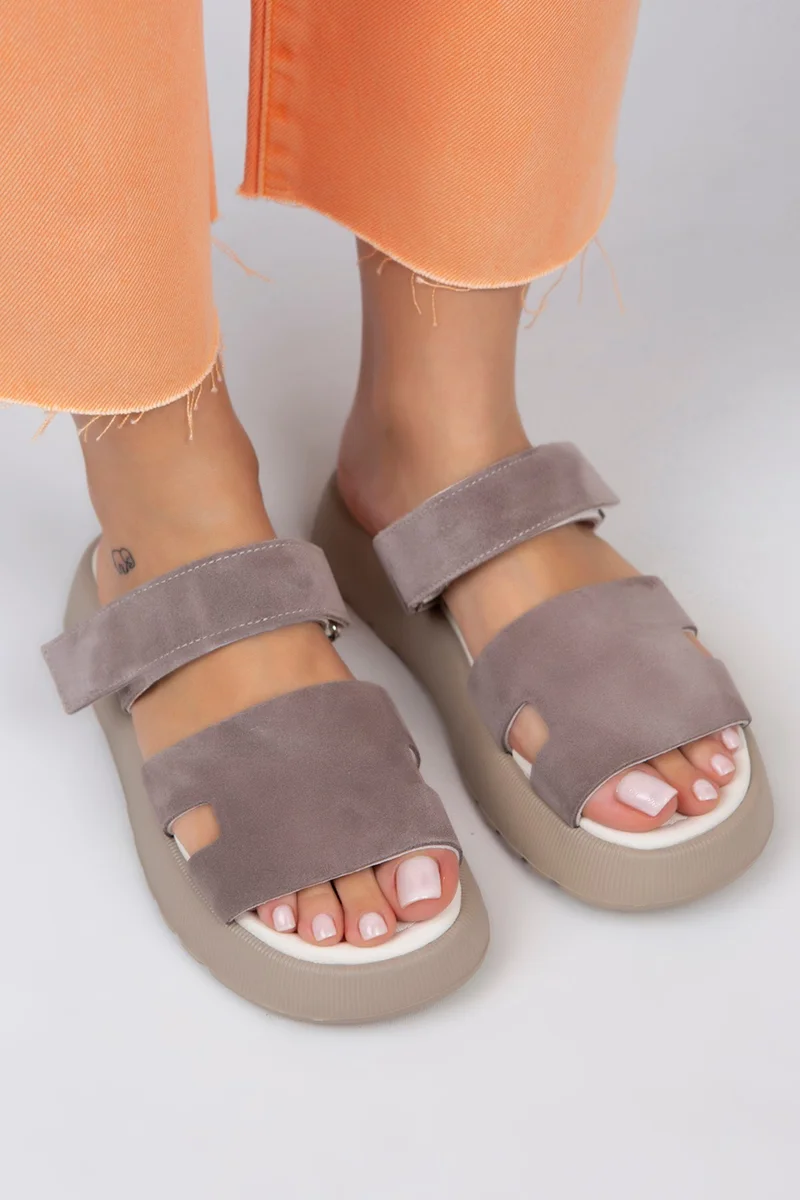 Manijero Manijero Seina Women's Genuine Leather Velcro Slippers, Mink Color