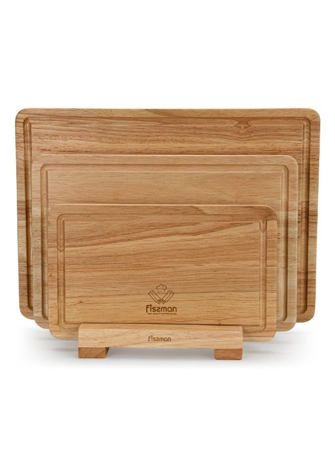 Fissman Wooden Cutting Board Set, Set of 3 Chopping Board with Wooden Stand | Rubber Wood Eco-Friendly | Chopping Board with Juice Groove for Kitchen, Cutting Meat, Vegetables, Fruits  - Image 2