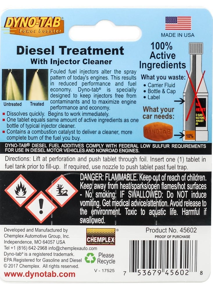 Dyno-Tab DYNO TAB Injector Cleaner 45602 – For Diesel Engines Only | Boost Fuel Economy & Performance | Reduce Emissions & Remove Water | 6-Tablet Card (1 Tablet Treats 60 Liters)  - Image 1
