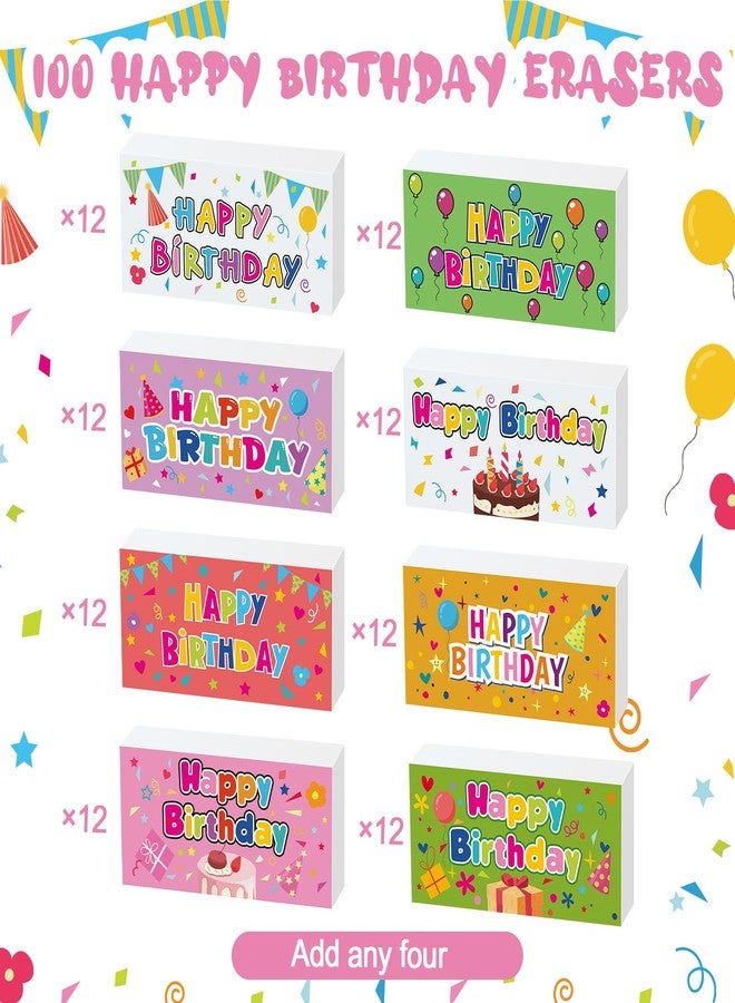 Dunzoom 100 Pcs Happy Birthday Erasers Bulk Mini Erasers for Classroom Fun Assortment Birthday Gifts for Back to School Teacher Reward Party Supplies, 8 Styles, 1.6 Inch - Image 3