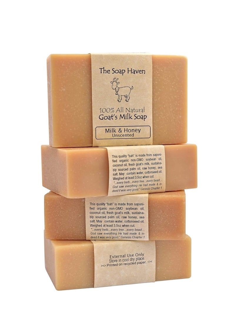 The Soap Haven - 4 Goat Milk Soap Bars with Honey - Handmade in USA. All Natural Soap - Unscented, Fragrance Free, Fresh Goats Milk. Wonderful for Sensitive Skin and Babies. SLS, Paraben, GMO-Free. - Image 1