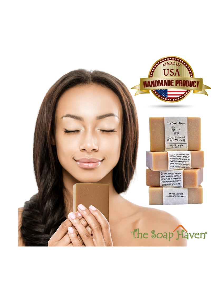 The Soap Haven - 4 Goat Milk Soap Bars with Honey - Handmade in USA. All Natural Soap - Unscented, Fragrance Free, Fresh Goats Milk. Wonderful for Sensitive Skin and Babies. SLS, Paraben, GMO-Free. - Image 1