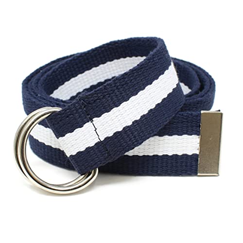 BC Belts Canvas Web Belt D-Ring Buckle 1.25" Wide Metal Tip Mulit-Color (Navy/Cream-XL) - Image 1