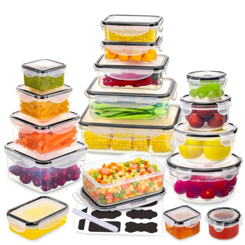 JSCARES 34 PCS Food Storage Containers Set with Airtight Lids (17 Lids &17 Containers) - BPA-Free Plastic Food Container for Kitchen Storage Organization, Fruit Meal-prep Containers with Labels & Marker - Image 1
