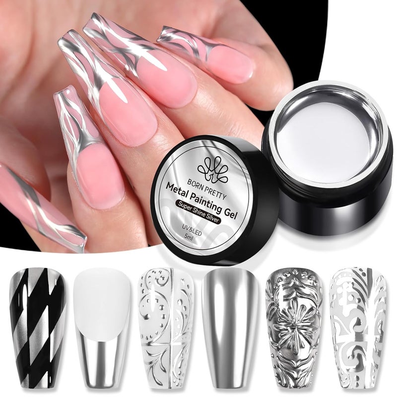 BORN PRETTY Metallic Painting Gel Polish BELLE GAGA Super Bright Mirror Silver Effect Nail Polish Flower Drawing Glitter Soak Off U V Nail Liner Gel DIY Nail Manicure for Women Girls - Image 1