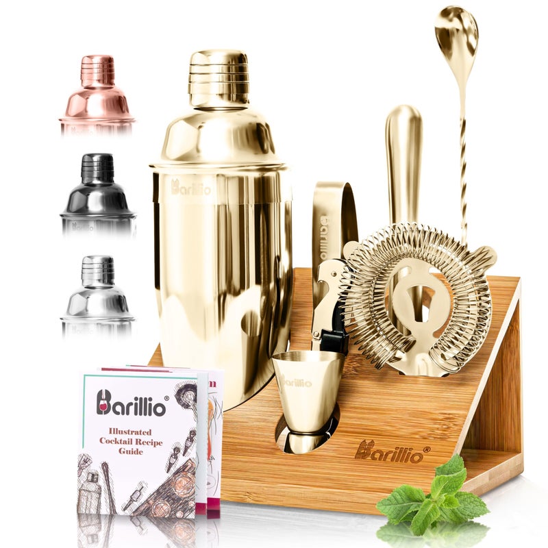 Barillio Gold Bartender Kit  StainlessSteel Cocktail Shaker Set wBamboo Stand  Mixology Bar Tools wShaker Drink Mixer Spoon  Muddler for Cocktails  Home Bar Accessories  10Pc Bar Set