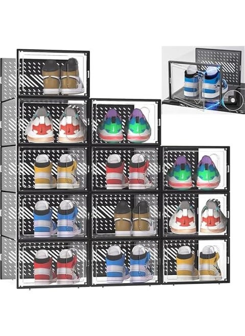Shoe Storage Box, 12 Pack Clear Plastic Shoe Boxes, Shoe Organizer with Magnetic Front Door, Shoe boxes Sturdy Durable Organizer Bins with Lids, Under-Bed Storage Containers, Shoe Display Box