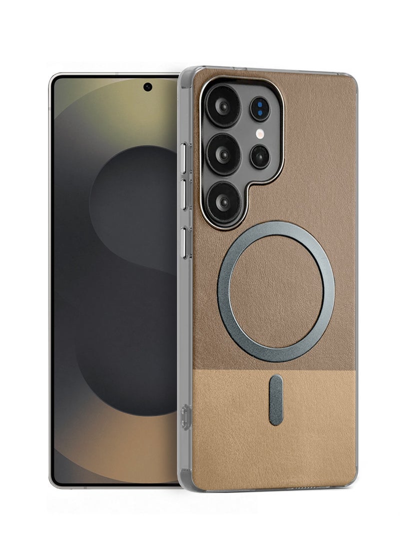 Wtech Samsung Galaxy S25 Ultra 5G 2025 Premium Stylish Metallic Textured Leather Magsafe Ring Case Cover (MCMPMN) - Brown - Image 1