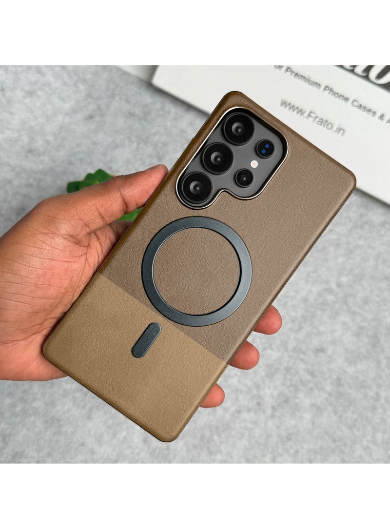 Wtech Samsung Galaxy S25 Ultra 5G 2025 Premium Stylish Metallic Textured Leather Magsafe Ring Case Cover (MCMPMN) - Brown - Image 3